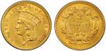 UNITED STATES: AV 3 dollars, 1854, KM-84, Indian Princess type, PCGS graded AU53. February 21, 1853 