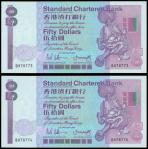 Standard Chartered Bank,consecutive pair of $50, 1 January 1987, serial number B978773-4,purple and 