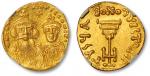 公元654-668年拜占庭帝国索利多金币一枚，君士坦丁堡造币厂打制，正面为君士坦斯二世及君士坦丁四世皇帝像，背有君士坦丁堡纯金标记“CONOB”，NGC AU（3987554-008）