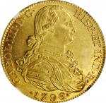 COLOMBIA. 8 Escudos, 1796-NR JJ. Nuevo Reino Mint. Charles IV. NGC MS-62.