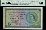 Government of Cyprus, specimen £5, 1 June 1955, serial number A/1 000000, green and lilac, Elizabeth