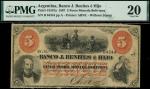Banco J. Benites e Hijo, Argentina, 5 pesos, 15 October 1867, serial number 64344, black on orange, 