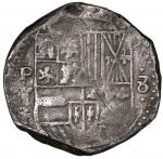 Potosi, Bolivia, cob 8 reales, Philip IV, assayer T (mid-1630s), PCGS VF detail / edge damaged.
