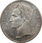 VENEZUELA. 5 Bolivares, 1887. Caracas Mint. PCGS AU-55.