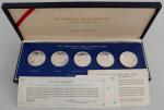 1978年英联邦国家庆祝女皇登基银禧纪念精铸银币一组5枚，包括所罗门群岛5元、库克群岛10元、英属维尔京群岛、伯利兹及巴巴多斯25元，UNC，连原盒及证书