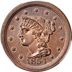1854 Braided Hair Cent. N-12. Rarity-6 as a Proof. Proof-64 RB (PCGS). CAC.