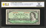 1954年加拿大银行壹圆。 CANADA. Bank of Canada. 1 Dollar, 1954. P-74b. PCGS Banknote Very Fine 30.