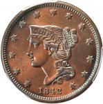 1842 Braided Hair Cent. N-2. Rarity-1. Small Date. AU Details--Surfaces Smoothed (PCGS).