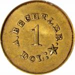 Undated (1842-1852) August Bechtler $1. K-24. Rarity-3. 27.G., 21.C. Plain Edge. AU-50 (PCGS). CAC. 
