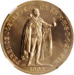 1908-KB年发行匈牙利100 Korona。克雷姆尼察铸币厂。弗朗茨约瑟夫一世。 HUNGARY. 100 Korona, "1908"-KB. Kremnica Mint. Franz Jose
