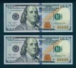 United States of America, pair of $100, series 2009 A, replacement serial numbers LL04206278* and LL