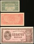 Indonesia, 10 sen (Third Issue), 2 1/2 Rupiah and 100 Rupiah (Second Issue), 1947, (Pick 31, 26, 29)
