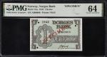 NORWAY. Norges Bank. 1 Krone, 1942. P-17as. Specimen. PMG Choice Uncirculated 64.