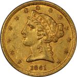 1861-C Liberty Head Half Eagle. Winter-1, the only known dies. Die State II. AU-58 (PCGS). CAC.