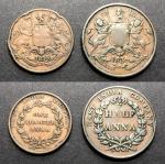 1835年东印度公司1/4安娜及1/2安娜铜币2枚一组，VF至EF品相。