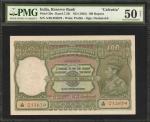 1943年印度储备银行100卢比。PMG About Uncirculated 50 Net. Spindle Hole.