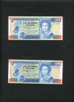 Central Bank of Belize, $100 (2), 1990, 1991, red prefix AA, blue and multicoloured, Elizabeth II at