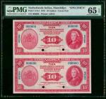 1943年荷属东印度爪哇银行10盾双连钞样票，打孔注销，PMG 65EPQ。Netherland Indies, an uncut pair of 10 gulden, specimen, 1943,