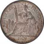 1909-A年坐洋一圆银币。巴黎造币厂。FRENCH INDO-CHINA. Piastre, 1909-A. Paris Mint. PCGS MS-63 Gold Shield.
