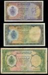 National Bank of Libya, 5, 1, 1/2 Libyan pounds, ND 1955, green, blue and purple respectively, coat 