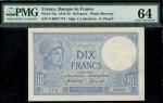 Banque de France, 10 Francs, 17.12.1936, serial number J.67893 523, blue, Minerva at upper left, rev