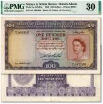 英属马来亚联合邦1953年女王伊丽莎白二世像100元，新马纸币之罕见大名誉品，设计精美，纸张硬挺，纹理清晰，色彩浓郁醇厚，原汁原味，极为难得，近八五成新（低评，PMG-30/2212841-008）