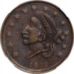 1838 Mint Drop. HT-63, Low-55, DeWitt-CE 1838-14, W-11-430a. Rarity-1. Copper. Plain Edge. AU Detail