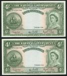 Bahamas Government, 4 shillings (2), ND (1963), serial numbers A/6 838194/195, green and pale pink, 