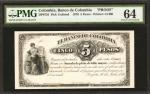 COLOMBIA. Banco de Colombia. 5 Pesos. July 20, 1876. P-Unlisted. Face and Back Proofs. PMG Choice Un