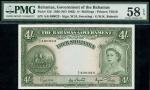 x Bahamas Government, 4 shillings, ND (1953), serial number A/6 40023, green, Queen Elizabeth II at 