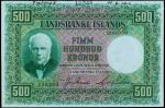 ICELAND. Landsbanki Islands. 500 Kronur, 15.4.1928. P-31s. Specimen. PMG About Uncirculated 55 Net. 