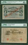 德国纸币2枚一组，包括1909年1000马克，编号341995C 及 1890年萨克森银100马克样钞，分别评PMG35及65EPQ，少见
