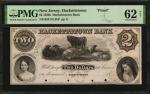Hackettstown, New Jersey. Hackettstown Bank. 1850s. $2. PMG Uncirculated 62 Net. Tape Repairs. Proof