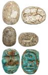 ANCIENT: EGYPT: LOT of 3 ancient scarabs, made from blue faience and bone, measuring between 14mm an