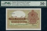 Government of Cyprus, £1, 2 February 1942, serial number F/3 524095, brown, George VI at right, reve