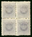  Macao  Stamp  1884 Macau 100r Crown definitive stamp block of 4, Perforation: 13.5, mint, few tonin