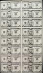 Uncut Sheet of (16). Fr. 1990-L. 2003 $5 Federal Reserve Notes. San Francisco. Uncirculated.
