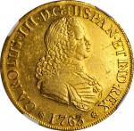 CHILE. 8 Escudos, 1763-So J. Santiago Mint. Charles III. NGC AU Details--Removed From Jewelry.