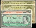 Bank of Canada, $1 and $2, 1954, both signed by Beattie-Raminsky, also Bank Indonesia, 5000Rupiah (2