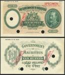 Government of Mauritius, colour trial 10 Rupees, ND (1930), no serial numbers, pink and green, Georg