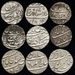 INDIA Mughal Empire ムガール帝国 Lot of Silver Coins ルピー銀貨各種  計9枚組 9pcs 返品不可 要下見 Sold as is No returns VF