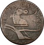 1787 New Jersey copper. Maris 57-n. Rarity-6+. Camel Head. Overstruck on 1771 Machin’s Mills halfpen