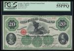 1866年爱尔兰共和国20元，编号A-437/1437，PCGS Currency 55PPQ。爱尔兰共和国成立后，此类别之钞票可于1927至1937 年之间在纽约自由街117号兑换，于爱尔兰则可在1