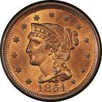 1851 Braided Hair Cent. Newcomb-18. Rarity-1. Mint State-65 RB (PCGS).