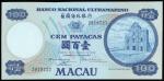 Macau, Banco Nacional Ultramarino, 100patacas, 1979, serial number 2019727, blue on multicolour unde