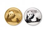 2015年熊猫普制一盎司金币、一盎司银币各一枚