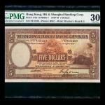 1934年汇丰银行5元，编号F912229，PMG 30，罕见手签原装纸