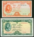1966-1968年爱尔兰中央银行10司令及1镑，编号62P 861041及27H 584520，10司令UNC品相。1镑AU品相