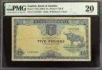 ZAMBIA. Bank of Zambia. 5 Pounds, ND (1964). P-3. PMG Very Fine 20.