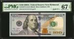 Fr. 2187-E. 2009A $100 Federal Reserve Note. Richmond. PMG Superb Gem Uncirculated 67 EPQ. Solid Ser